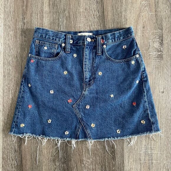 Madewell Rigid Denim A-Line Mini Skirt Floral Embroidered - Size: 27 - Picture 2 of 8